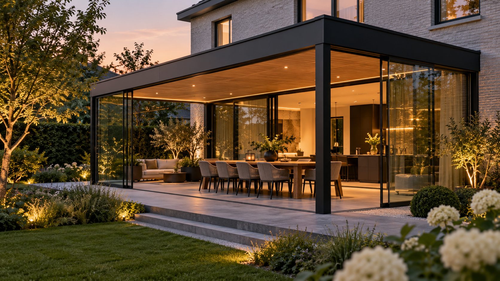 Antracietkleurige veranda met glazen schuifwanden aan een moderne woning