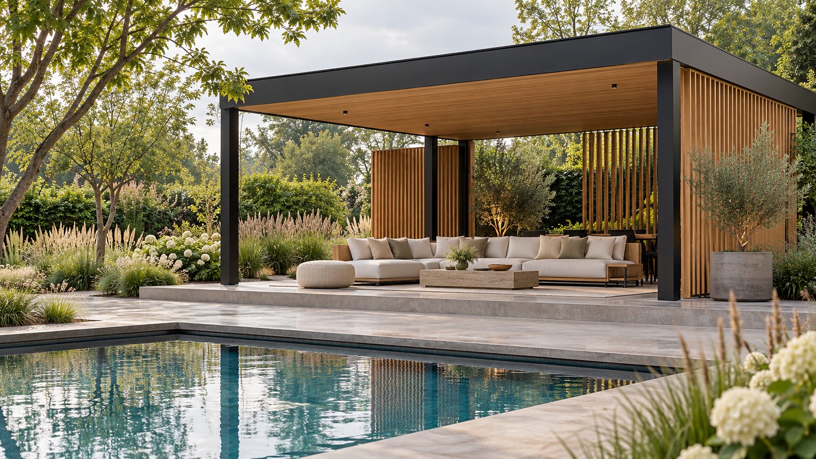Luxe poolhouse met donkere constructie, houten plafond en een rustige lounge aan het water